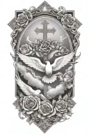 Clouds and White stars and doves and  a rose and a Catholic Cross tattoo design idea