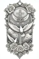 Clouds and White stars and doves and  a rose and a Catholic Cross tattoo design idea