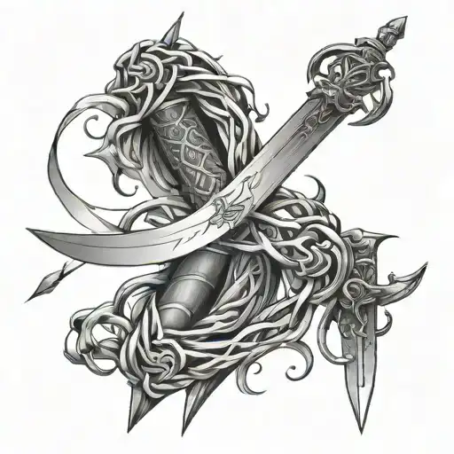 year 2000 into a sword intertwined tattoo design idea