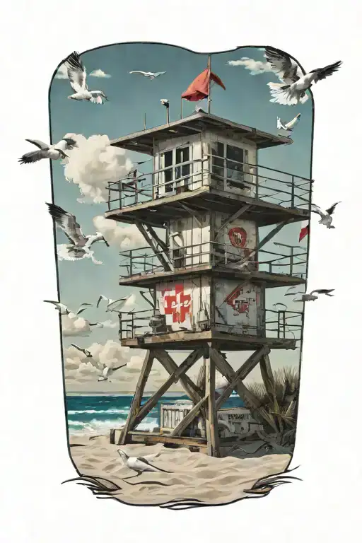 A realistic depiction of a beach scene with a lifeguard tower and seagulls flying overhead, capturing the essence of Florida and the beach tattoo design idea
