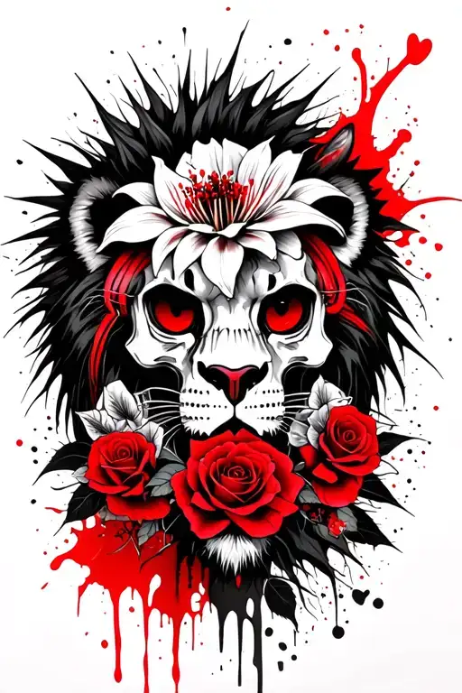 LEO/LION,  BLACK AND RED, SPIDER LILY, SPIKEY ROSES, heart, GRIM REAPER, DEATH, LIKE YAKUZA FOR BACK TATTOO  tattoo design idea