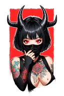 Ninja mask girl covering the mouth and demon horns, gothic lolita style, short hair with bangs and red eyes tattoo design idea