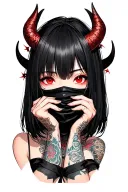 Ninja mask girl covering the mouth and demon horns, gothic lolita style, short hair with bangs and red eyes tattoo design idea