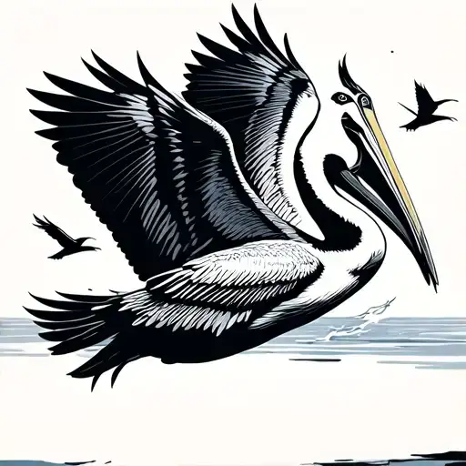 pelican flying away flock tattoo design idea