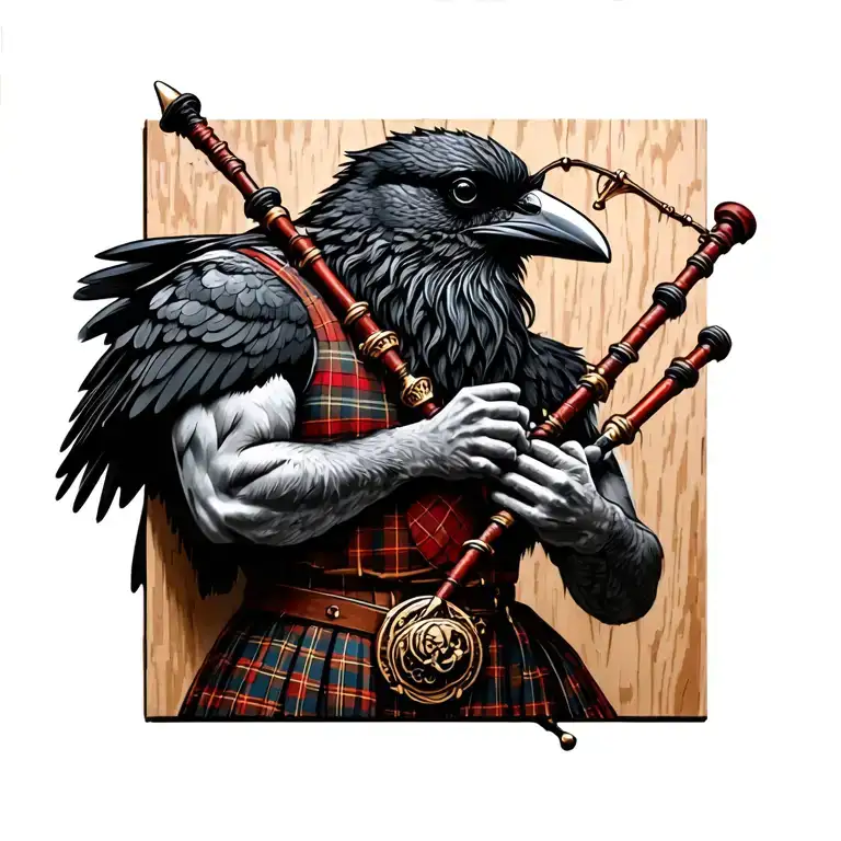designs on wood carving crow muscular  bagpiper playing the bagpipes baldblack beard tattoo design idea