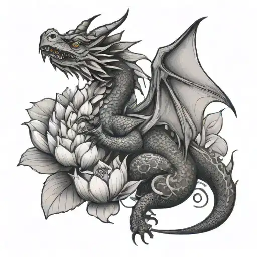 cute dragon guarding lotus flower tattoo design idea