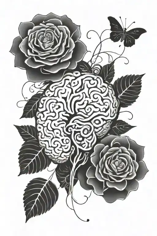 half sleeve tattoo ARM, featuring anatomic brain and heart. some flowers and fill in rest. One line tattos, dottwork bw tattoo design idea