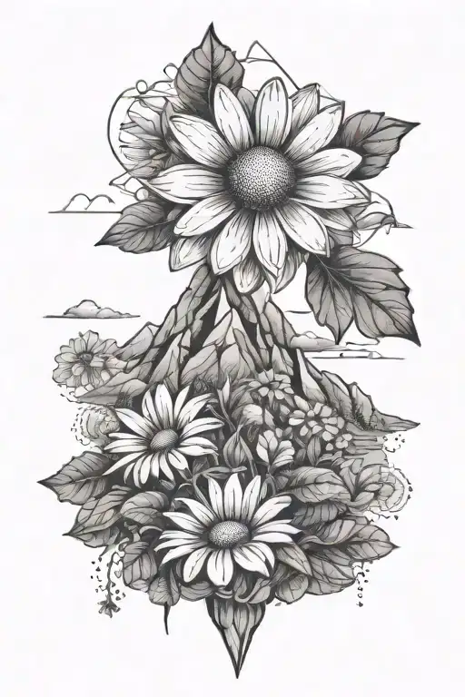 A dotwork tattoo of a daisy blooming at the top of a mountain peak, symbolizing new beginnings and growth tattoo design idea