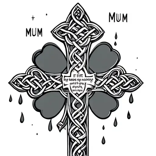 Celtic cross with inlaid shamrock with the words mum it keeps raining and raining tears from my eyes on the shamrock  tattoo design idea