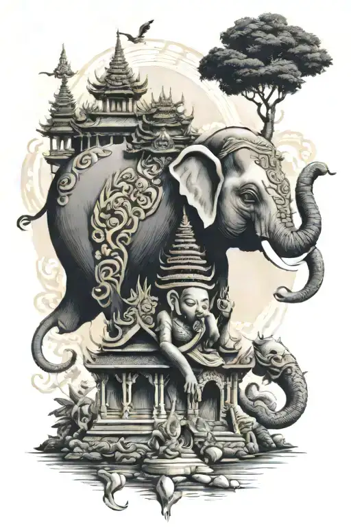 thai temple with Buddha and elephant  tattoo design idea