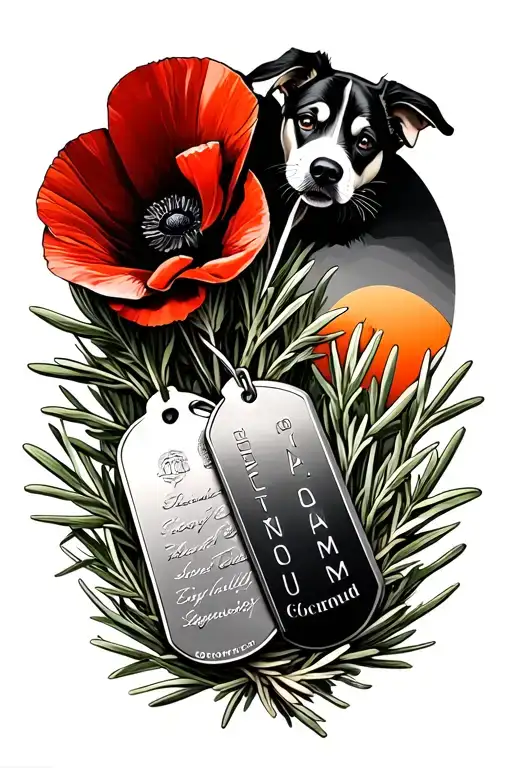 a mix of rosemary and red poppies,  the australian army rising sun, and dog tags of my and relatives tattoo design idea