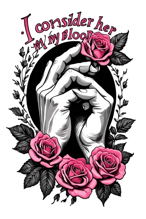 "I consider her my blood " pinky promise with thumbs with roses  tattoo design idea