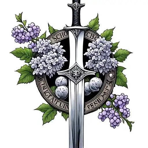 Geralt of Rivias silver sword with the school of the wold medallion surrounded by a lilac bush and gooseberry bush tattoo design idea