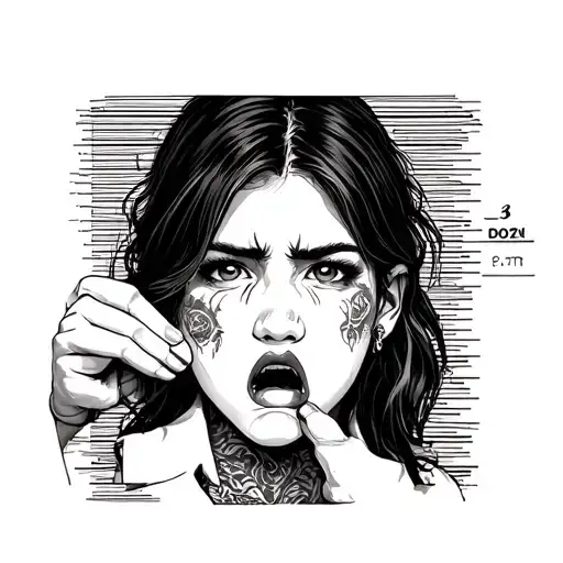 a girl holding a criminal mugshot silhouette pulling ahegao face tattoo design idea