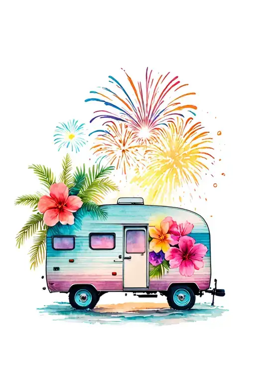 hawian flowers with fireworks exploding with a retro camper and beach vibes tattoo design idea