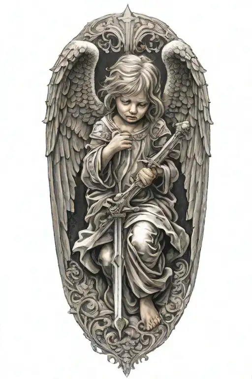 a crying angel is a child made of stone with a fiery sword, many gray shades, soft shadows, smooth transitions tattoo design idea