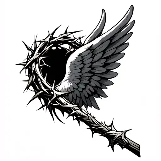 crown of thorns, wings, shepherd staff intertwined tattoo design idea