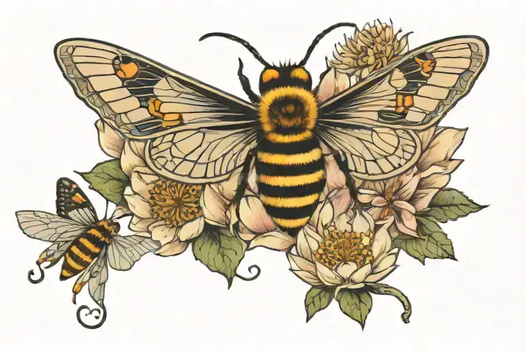 bee, butterfly, and moth on a lotus flower tattoo design idea