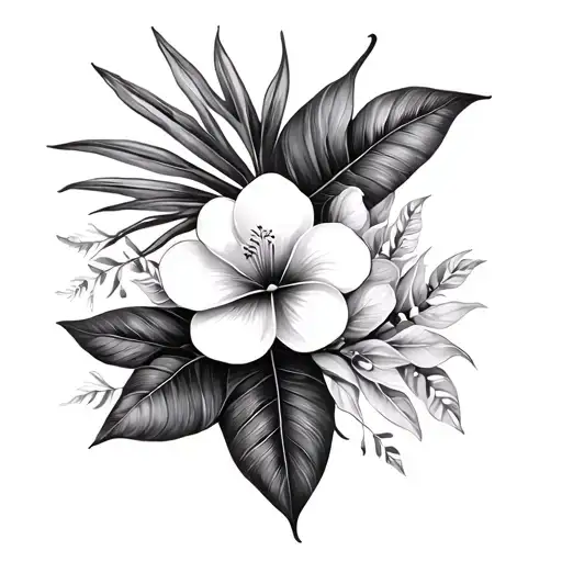 tropical leaves and flowers tattoo design idea