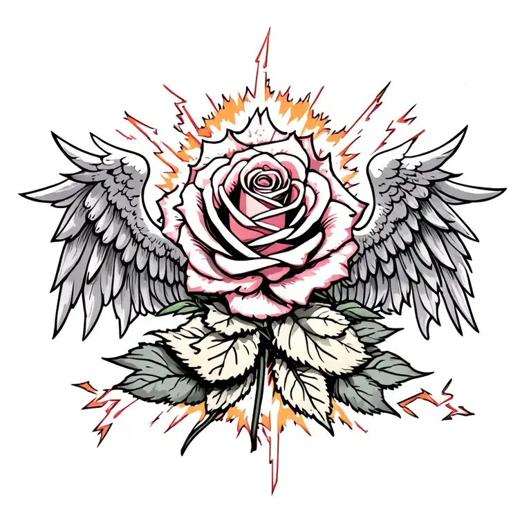 chest tattoo with a rose on the sternum with wings wrapped around protecting the rose from storm clouds and lightning  tattoo design idea