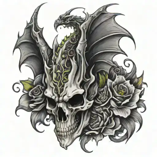 bahamut dragon skull with flowers blooming tattoo design idea