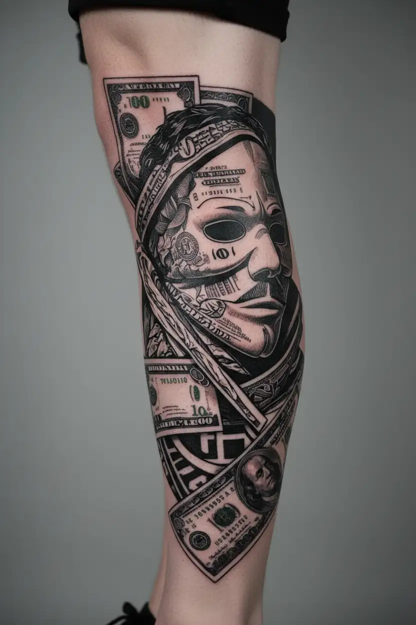ski mask and money tattoo design idea