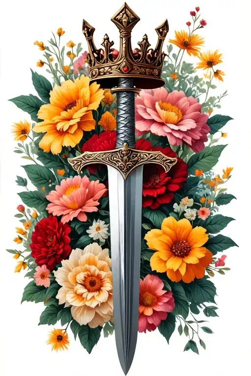 swords crown hanging with garden of flowers background tattoo design idea