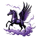 realistic dark Pegasus with purple assents on its hind legs with dark clouds around it tattoo design idea
