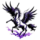 realistic dark Pegasus with purple assents on its hind legs with dark clouds around it tattoo design idea