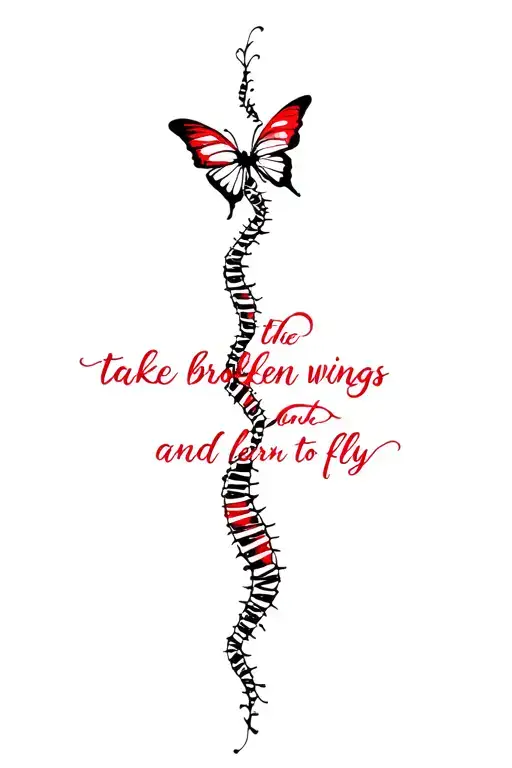red and black ink, spine tattoo, dainty design with “ take the broken wings and learn to fly”, butterfly tattoo design idea
