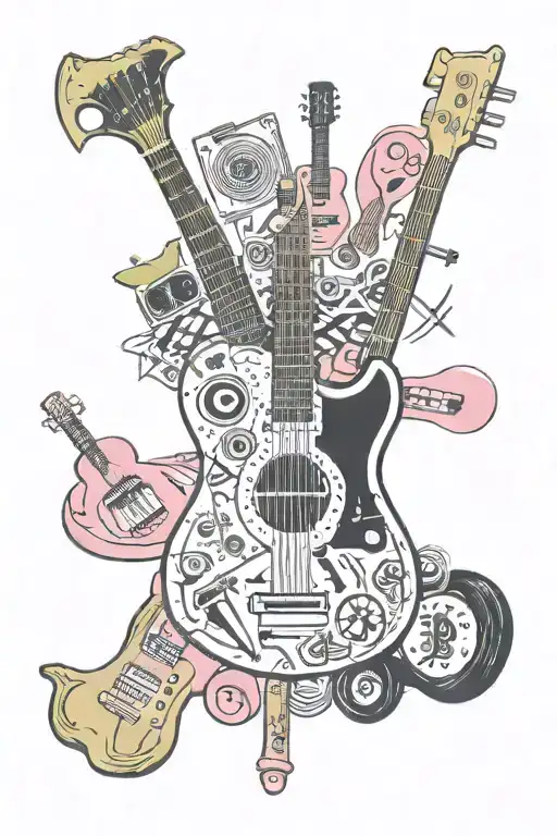 A neotraditional design of a worktop installer's tools forming a musical instrument, surrounded by iconic symbols from the Beatles, Bowie, and Pink Floyd, with Aldershot's landmarks subtly incorporated into the background tattoo design idea