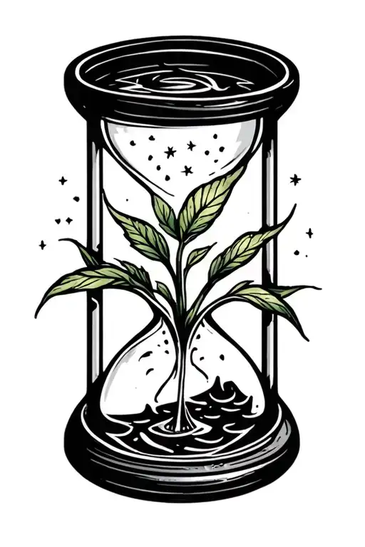 A small hourglass with a sprouting plant inside it from and only in th Bottom bulb. and on top bulb ther are small stars tattoo design idea