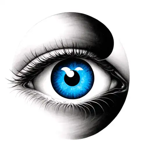 black and grey realistic blue eye, yin and yang as pupil tattoo design idea