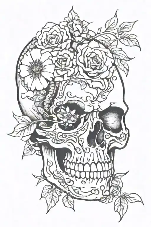  half of a skull, the other half of the skull are flowers, and a snake coming out of the skull tattoo design idea