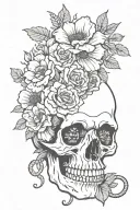  half of a skull, the other half of the skull are flowers, and a snake coming out of the skull tattoo design idea