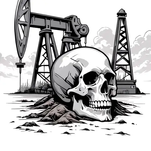 An oilfield landscape with a skull hidden in the background tattoo design idea