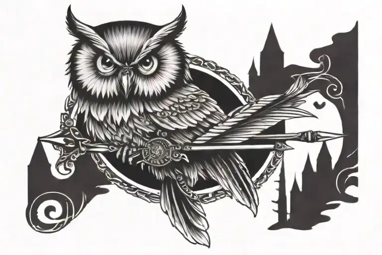 owl wolf perched on a bow arrows tattoo design idea