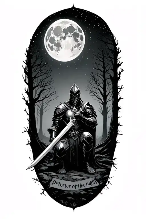 Dark scarry starry forest with a big moon with A black knight on his knees holding A sword saying protector of the night tattoo design idea