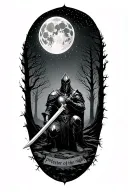 Dark scarry starry forest with a big moon with A black knight on his knees holding A sword saying protector of the night tattoo design idea