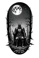 Dark scarry starry forest with a big moon with A black knight on his knees holding A sword saying protector of the night tattoo design idea