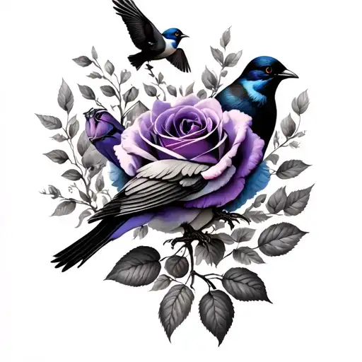 rose, with creation of man painting and purple martins on top flying tattoo design idea