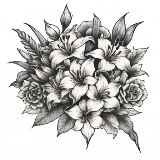 violet, gladiolus, and Sakura in a bouquet fine line wrapped tattoo design idea