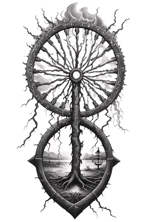 voodoo and lightining storm and wheel and nature elements like trees tattoo design idea