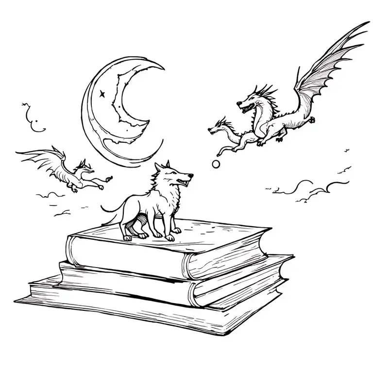 stack of bookswith wolf and moon, with 3 dragons flying on night sky tattoo design idea