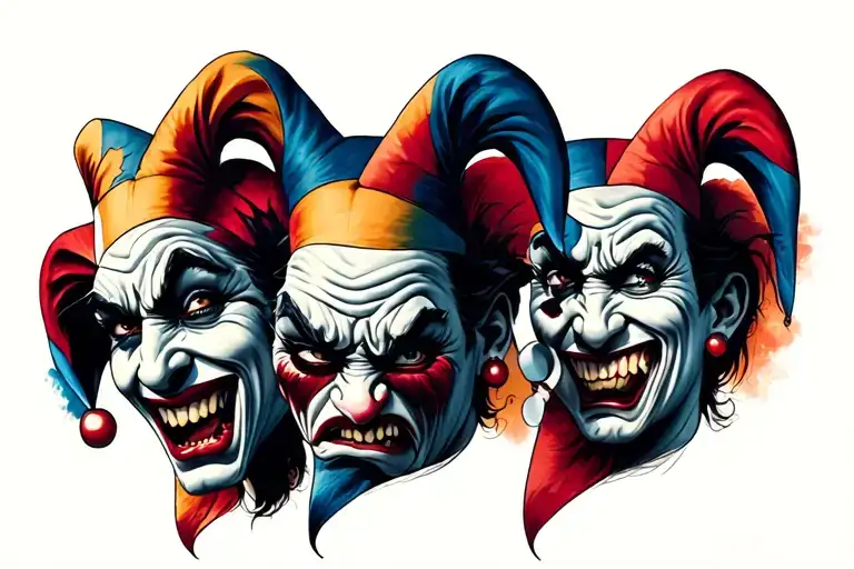 3 FACE OF JESTER, sad,angry,joy tattoo design idea
