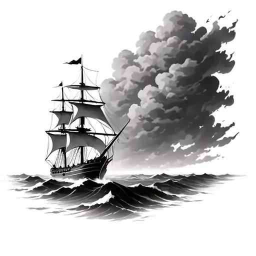 ship in a storm clouds, gods are watching tattoo design idea
