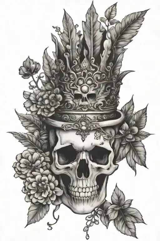nature elements, cat skull, crystals, mushrooms, crown, symmetrical tattoo design idea