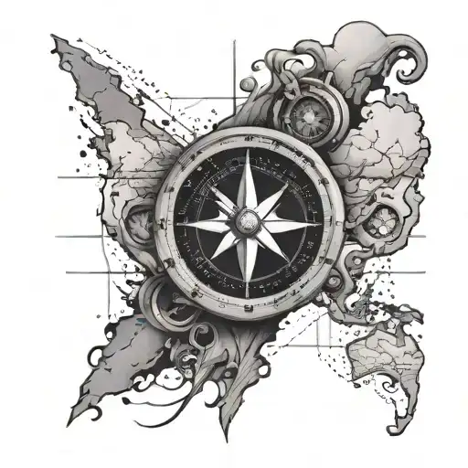 A compass with the world that will placed on the triceps in black and white  tattoo design idea