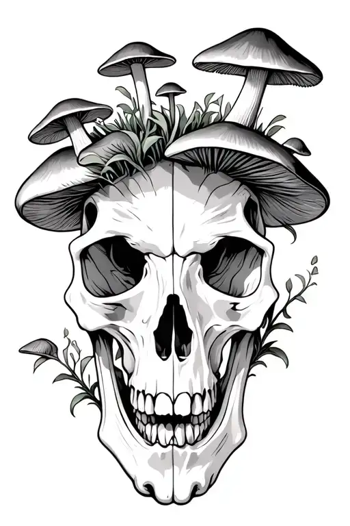 animal skull with mushrooms growing out of it tattoo design idea