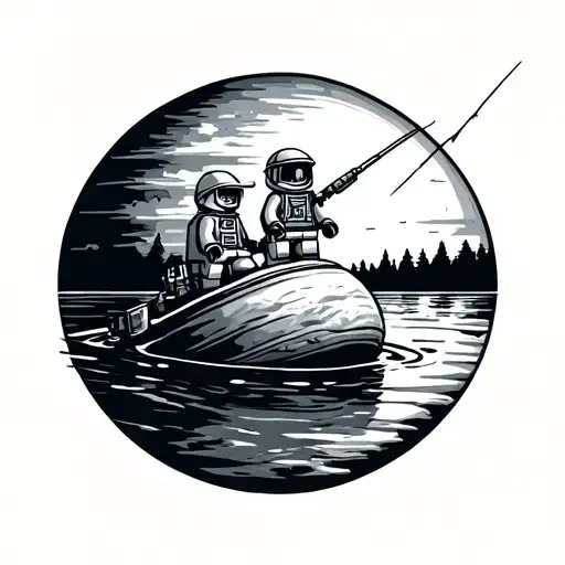Jupiter is floating in a lake with a sunset background. A lego firefighter and astronaut are sitting on jupiter fishing. tattoo design idea